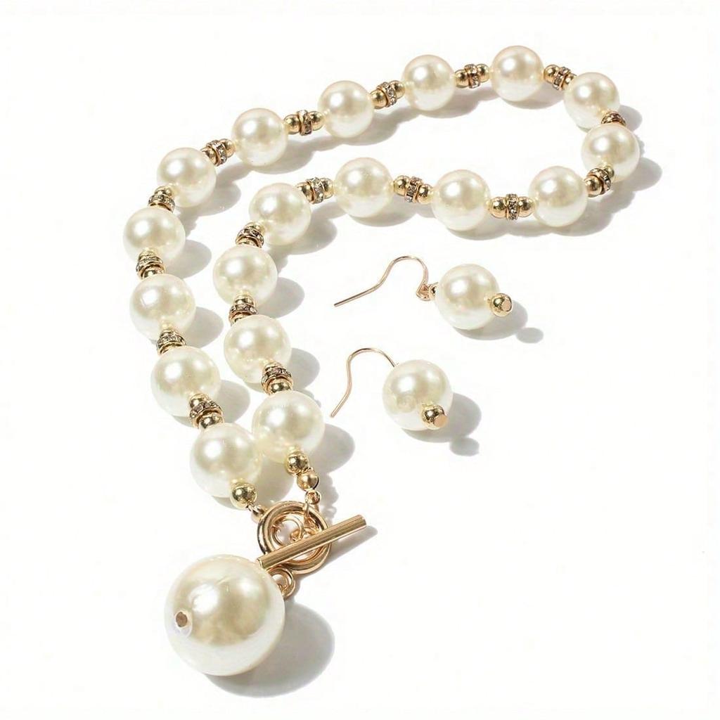 1pcs Light Luxury Gold Imitation Pearl Earring Necklace Set, High-End Clavicle Chain Fashionable Women'S Style