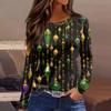 Women's Fashion Casual Slit Hem Round Neck Long Sleeve Loose Printed T-Shirt Top