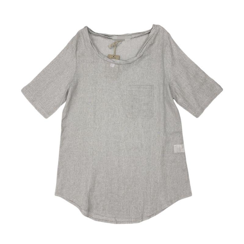 

B7097 Ежедневный заказ Новое поступление Женский топ с круглым вырезом, однотонный, из хлопка и льна, с коротким рукавом, с одним карманом, с изогнутым низом, пуловер Gray 1 yard