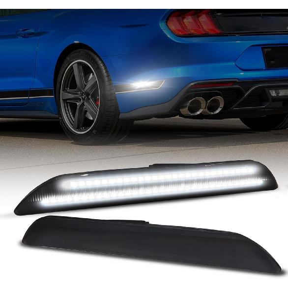 AUTOONE Upgraded Rear LED Side Marker Lights Compatible With Ford Mustang 2015-, White Parking Lamps, Smoked Lens Driver & Passenger Side Bumper