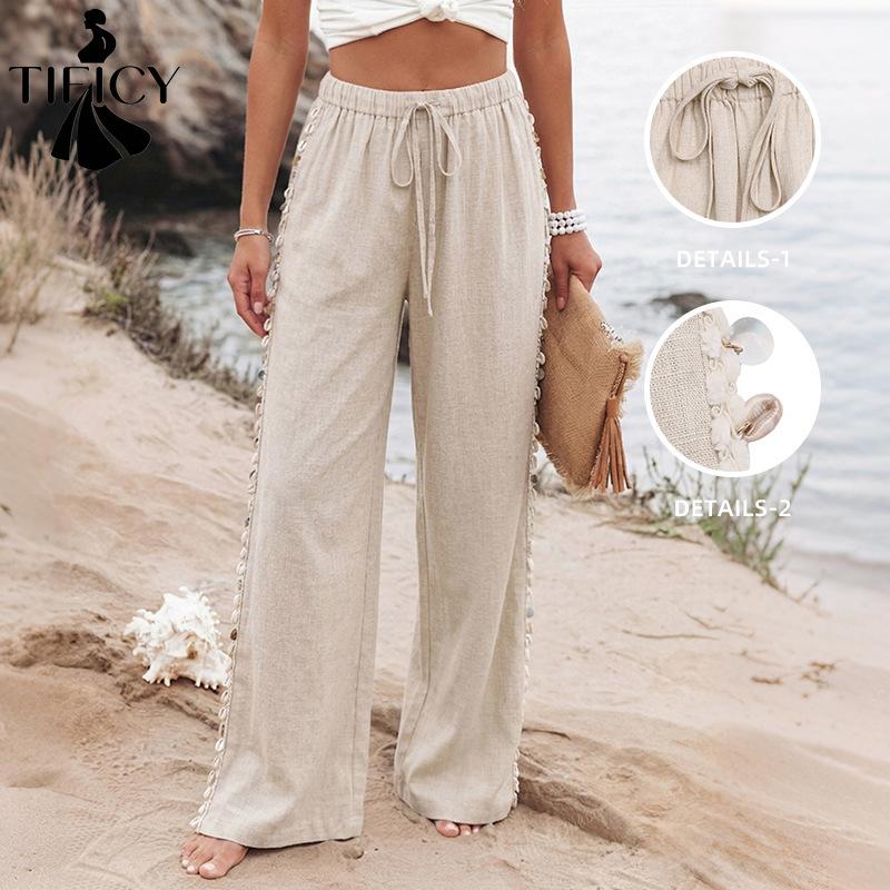TIFICY Women's Fashion Casual Solid Color Print High Waist Trousers Pants & Capris