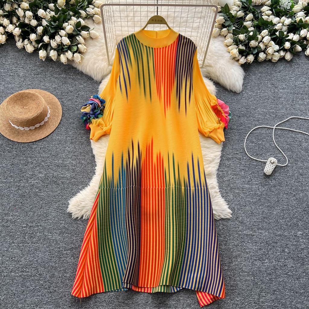 European and American Foreign Style Fashionable and Gradual Change Color Printing Dress Women's Loose Leisure Three-dimensional Flower Lantern Sleeve