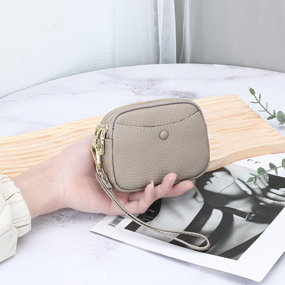 Women's Hand-held Change Purse Large-capacity Double-zipper Loose Money Lipstick Key Storage Bag First-layer Cowhide