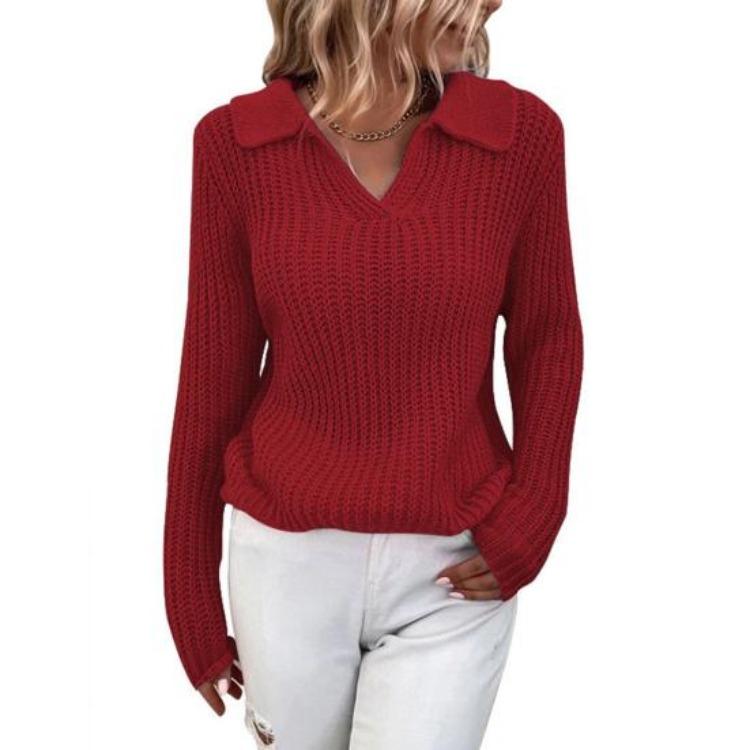 Women Slim Turn Down Collar Long Sleeve Solid Color Knitted Sweater Jumper Autumn Winter Female Clothing