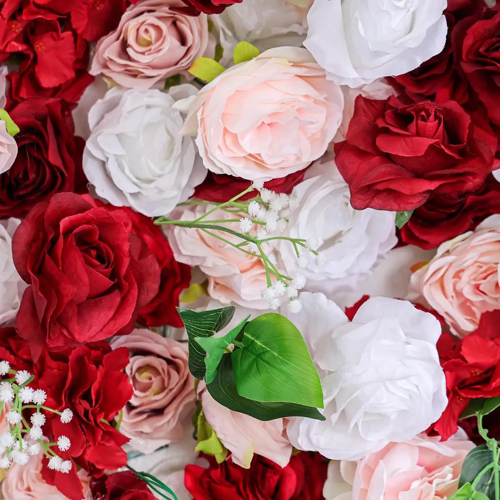 Uflower Luxury 3D Red White Rose Flower Wall Wedding Backdrop Props Arrangement Curtain Hanging Fabric Floral Wall Decor