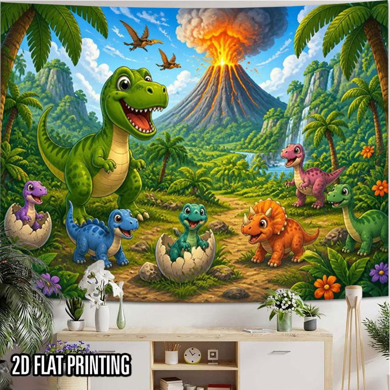 2D Flat, 2D Flat Print 1pc Tapestry Dinosaur Hatchlings Adventure Volcano Landscape Wall Hanging Photo Booth Backdrop Suitable for Parties, Decor, The
