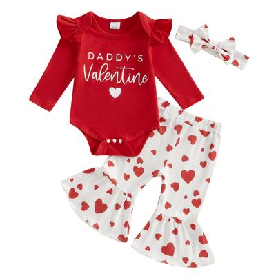 Baby Girls 3PCS Pants Sets Flying Sleeve O Neck Romper Heart Print Pants Headband Sets