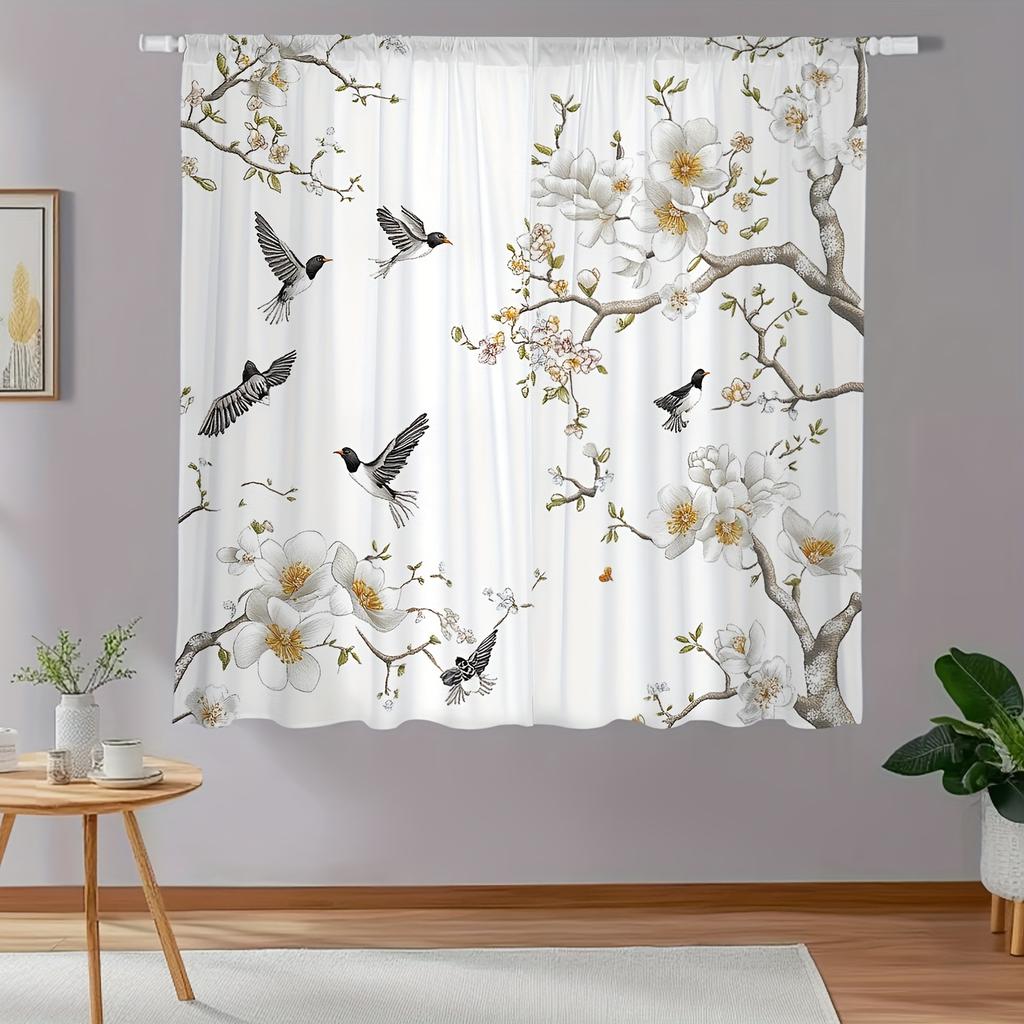 2-piece Floral and Bird Print Curtains, Polyester Fabric, Machine Washable, Suitable for Living Room, Bedroom