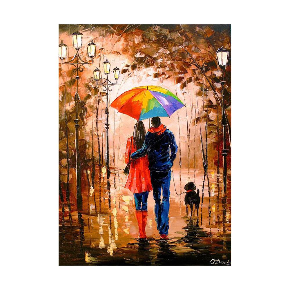 Nordycki Jesienny Deszczowy Pejzaż Plakat Płótno Obraz Olejny Zakochani Spacerujący Obraz Ścienny do Nowoczesnego Salonu Dekoracja Domu