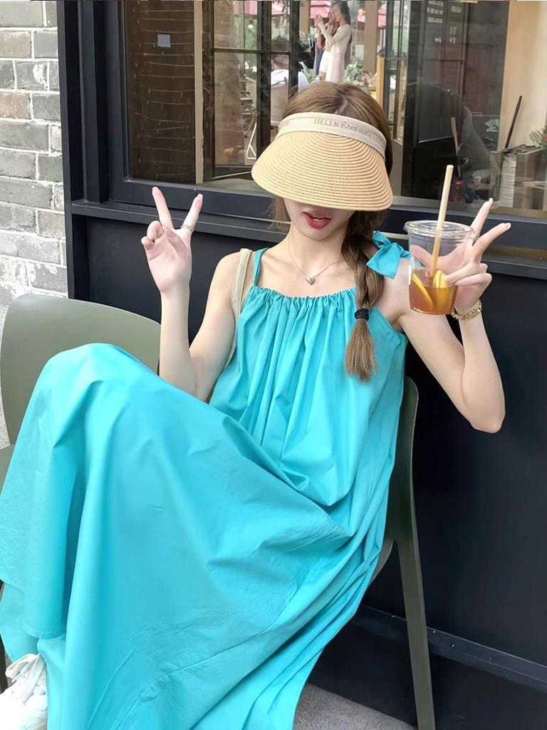 New holiday style lace-up suspender dress women's summer loose and thin A-shaped skirt blue medium and long skirt