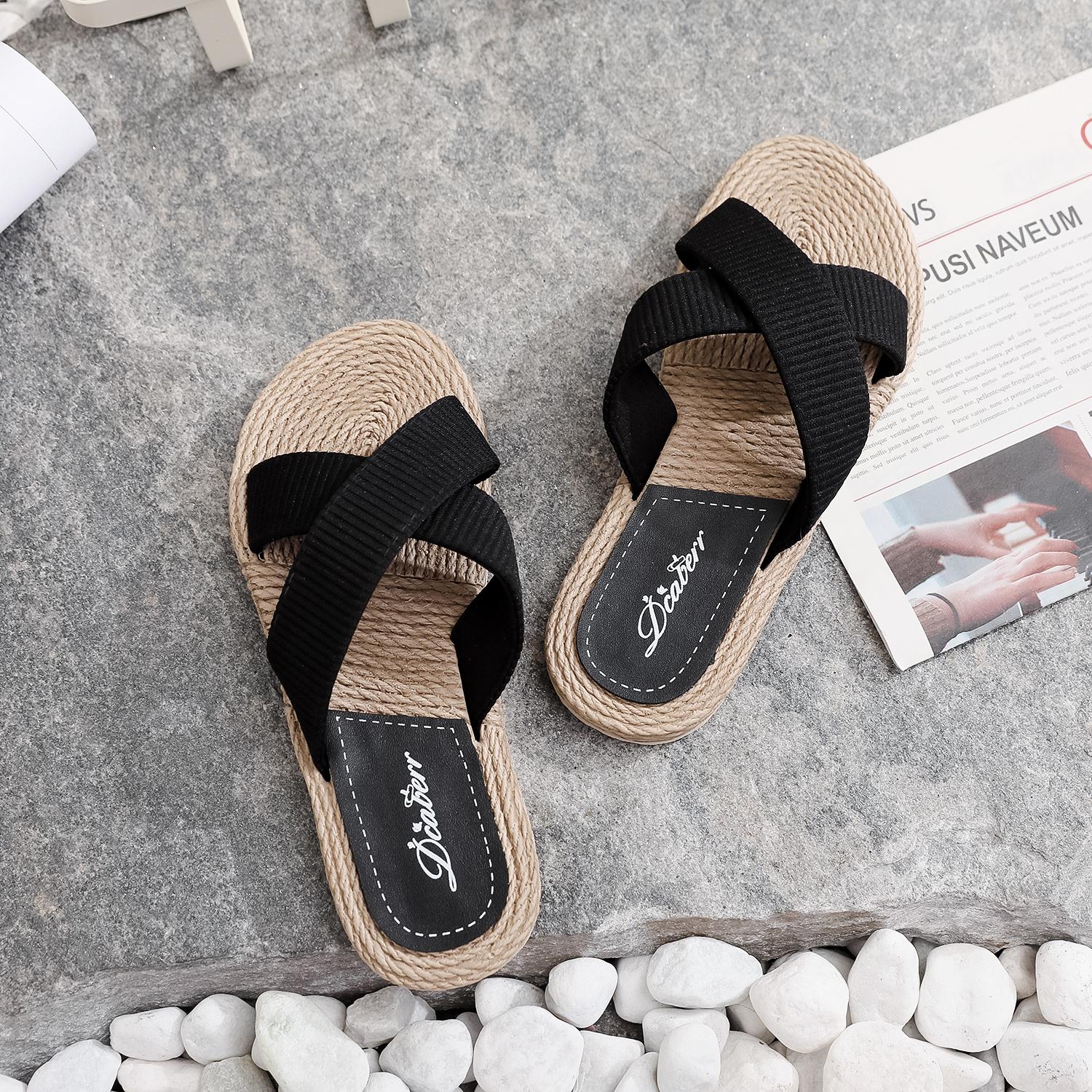 

Женские новые тапочки, летние тапочки Cross Drag, модные тапочки из пеньковой веревки, повседневные сандалии и шлепанцы 2024 года, женские тапочки 40 чёрный