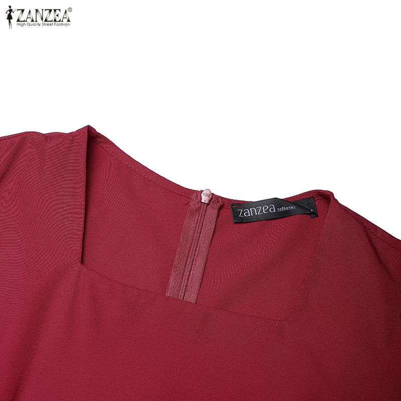 ZANZEA Women Square Collar Summer Casual Short Sleeve Pleated Dress