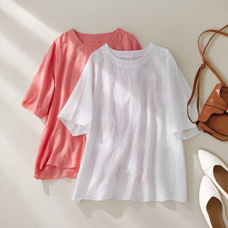 

DIMANAF Лето 2024 Плюс Размер Женская Свободная Футболка Новые Большие Цветочные Повседневные Модные Короткие Рукава Тонкие Топы Футболки One Size белый