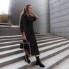 Womens Loose Fit Solid Color Shirt Dress With Side Slit V-Neck Long Sleeve Office Casual Elegant Style