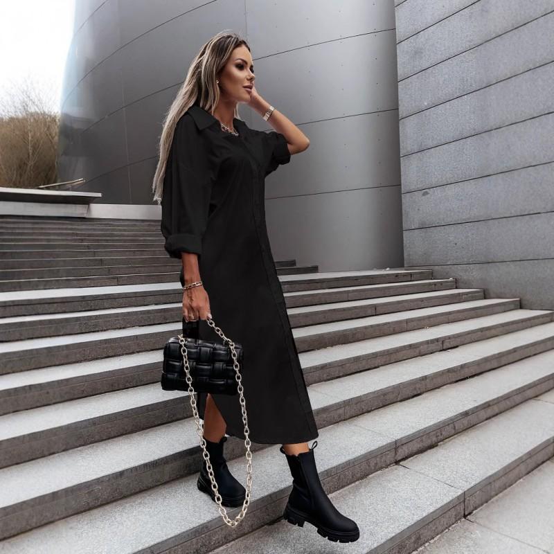 Womens Loose Fit Solid Color Shirt Dress With Side Slit V-Neck Long Sleeve Office Casual Elegant Style