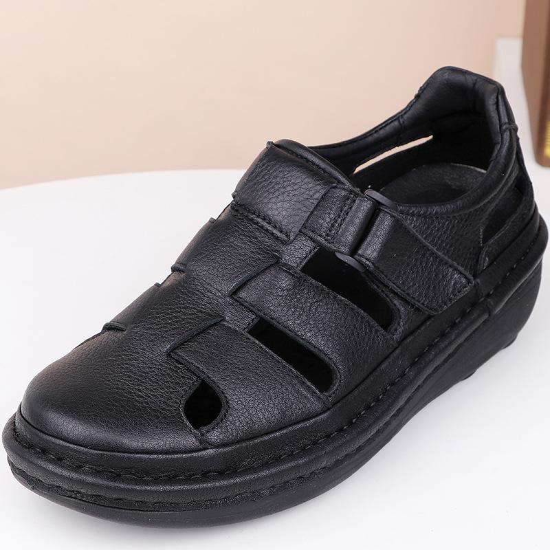 Men'S Sandals Men'S Leather Baotou Hole Shoes Leather Sandals Middle-Aged Dad Casual Beach Shoes
