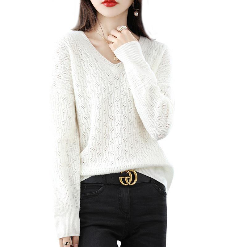 Women's Cashmere Loose Knit Sweater V2023 - Hollow-Out Pullover with Pure Wool Collar