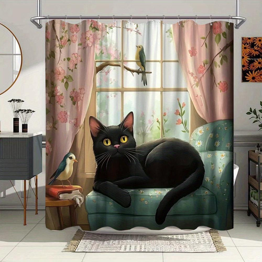 

Cozy Black Cat On Sofa With Birds Waterproof Shower Curtain For Modern Bathroom Decor, Stylish And Durable, Perfect For Home Use W60H190(CM)-1 Pcs
