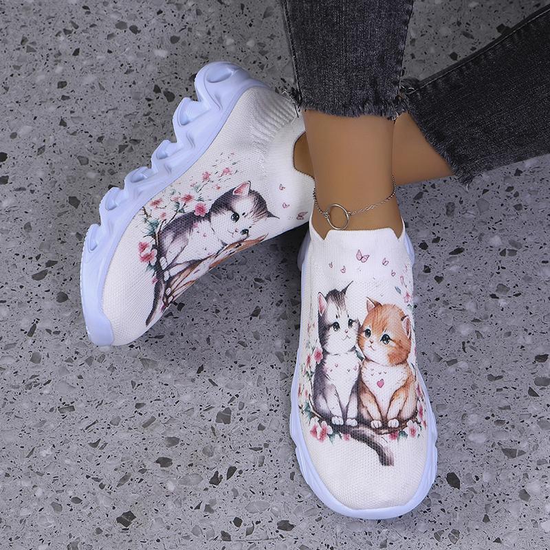Lucyever Cute Cat Printing Flats Shoes Women Autumn Slip On Breathable Mesh Sneakers Woman Plus Size Platform Loafers Ladies 43