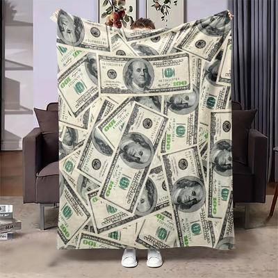 100 Dollar Bill Blanket Realistic Money Full Print Green White Currency Design Soft Flannel Fabric for Sofa Bedroom Dorm Funny