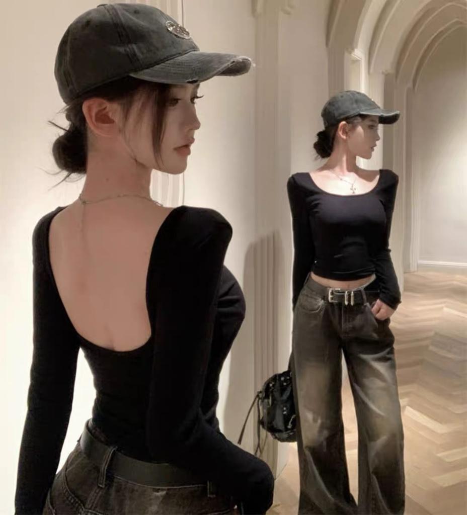 New Style Sexy Hottie Big Halter Strap Chest Pad Long-sleeved Slim T-shirt for Women U-neck Tight Bottoming Shirt for Women
