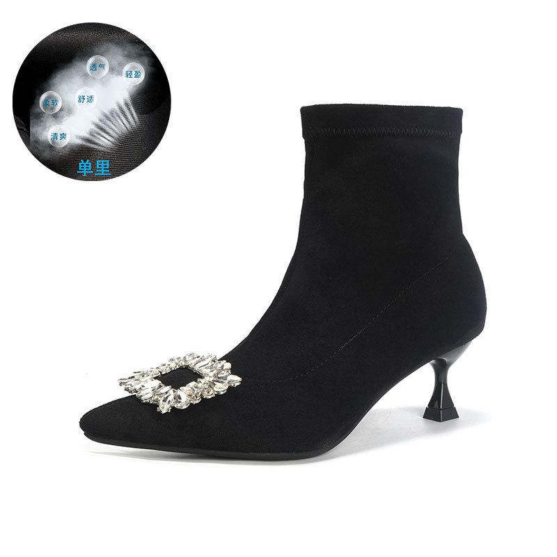 Suede Autumn and Winter New Rhinestone Square Buckle Elastic Thin Short Velvet Tube Boots Korean Version Pointed Head Thin Heel High Heel Short