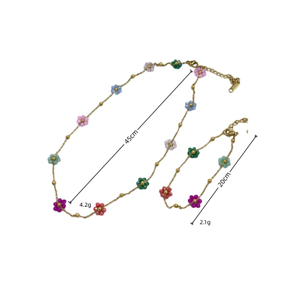 Vintage Color Flower Beaded Titanium Steel Necklace Female Dopamine Girl Small Flower Choker Collarbone Chain Bracelet Set