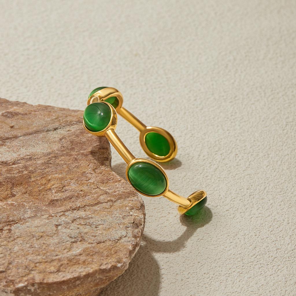 Yori Ovaal Groen Natuursteen Manchet Armband Bangle Goudkleurig Metaal Roestvrij Mode Pols Sieraden Bijoux Accessoires
