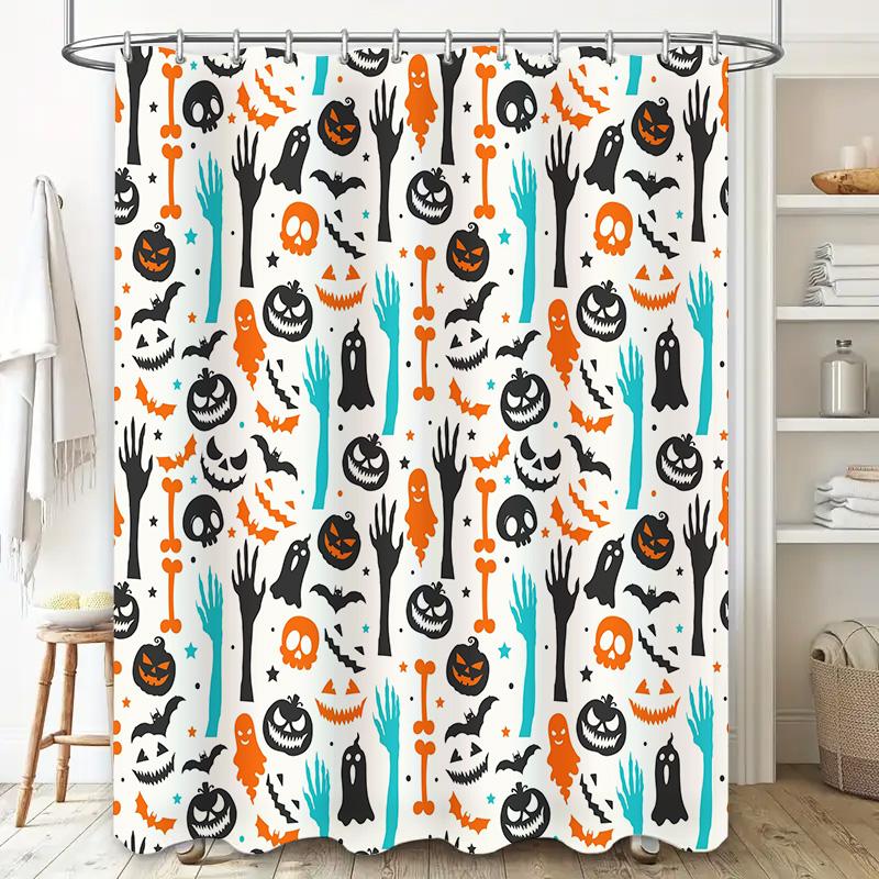 Halloween-themed shower curtain with spooky patterns for bathroom decor Perfect gift idea for haunted house enthusiasts. Black