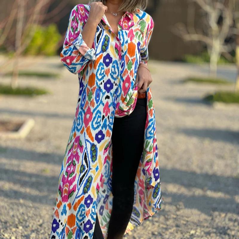 GMXIA Plus Size Women's Elegant Long Sleeve Printed Shirt Dress Skirt Dresses