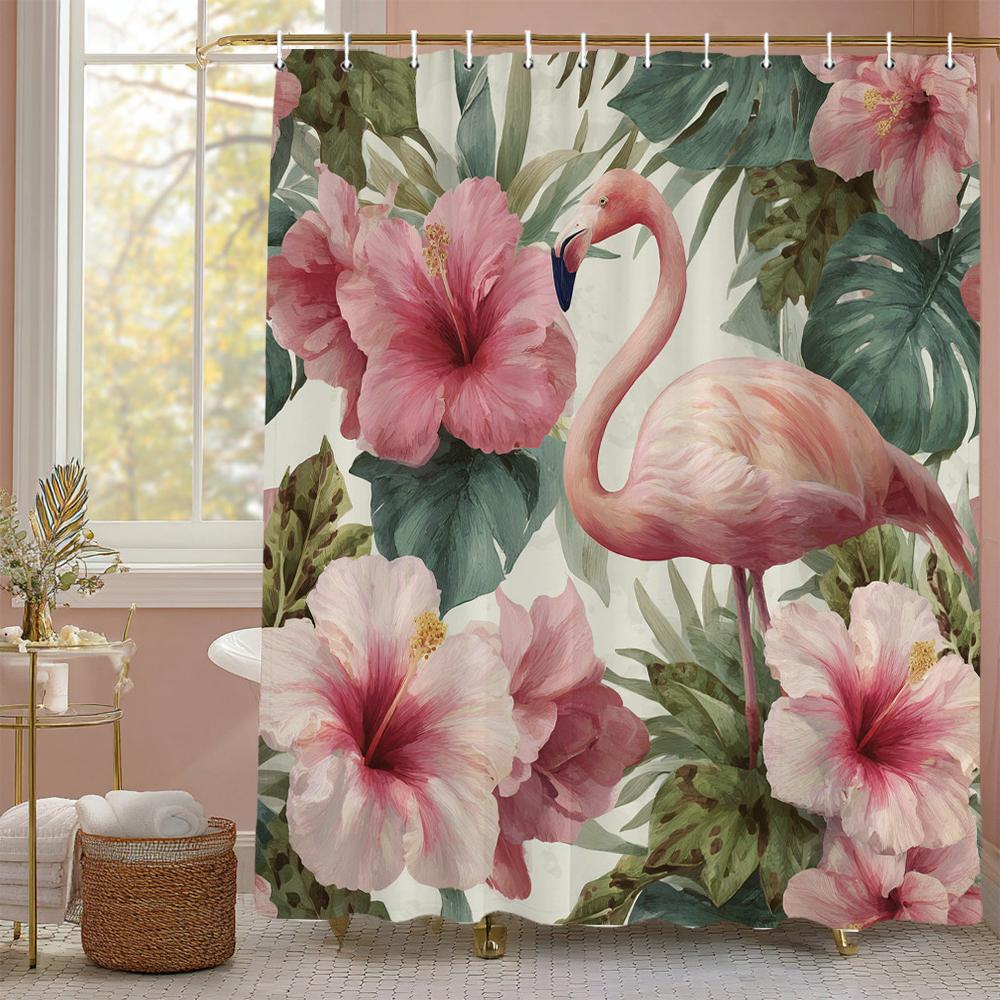 Flamingo Shower Curtain, Floral Botanical Tropical Plant Art Deco Bathroom Decorative Shower Curtain, Print Curtain with Hooks