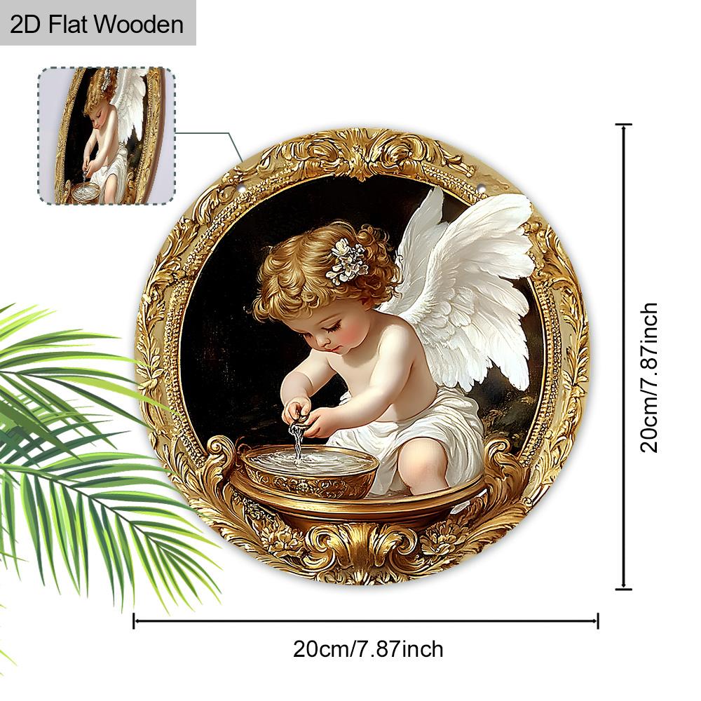 2D Flacher Niedlicher Engel mit Weißen Flügeln Holz Wandkunst Dekor, Engel mit Goldenem Lockigem Haar Hängedekor für Zuhause Büro Schule Bar Eingangsbereich Veranda Zimmer