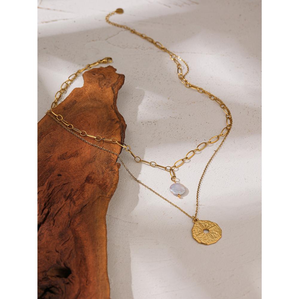 Yhpup Statement Round North Star Layered Pendant Necklace for Women Golden Stainless Steel Natural Pearl Chain Collar Necklace