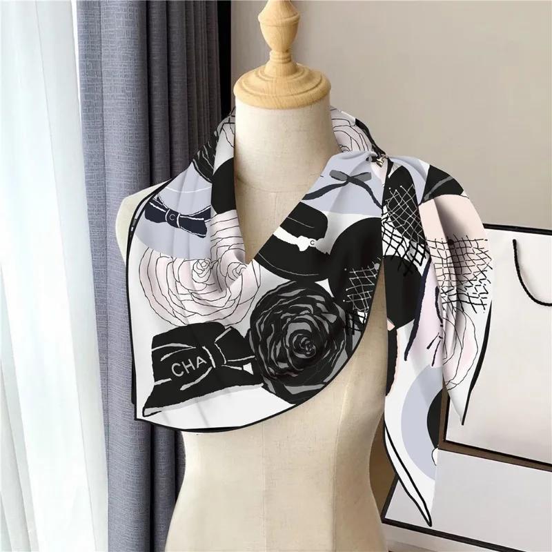 90Cm Autumn New Black And White Plain Rose Hat Twill Silk Women'S Sunscreen Shawl Large Square Scarf Headscarf