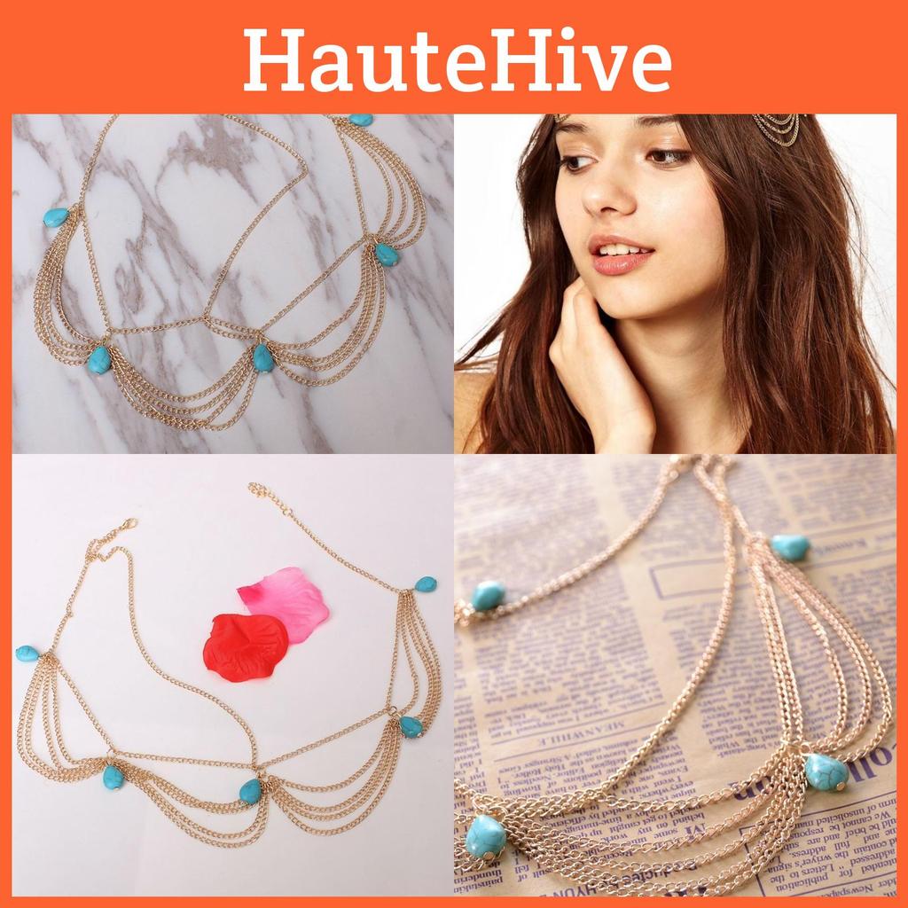 Fashionable Simulated Turquoise Decor Multi Layer Chain Design Headwear Women