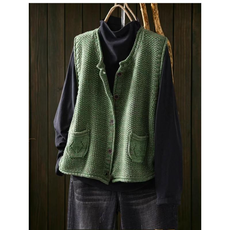 DIMANAF 2026 Autumn Winter New Plus Size Women Vintage Knitted Vest Coat Casual Sleeveless Button Pockets Sweater