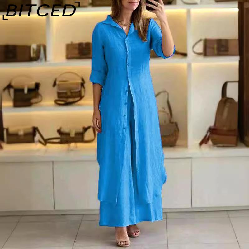 

Женский элегантный костюм BITCED на лето, весну и осень из хлопка и льна, приталенный, с длинными рукавами и широкими брюками XXXXXL озеро синий