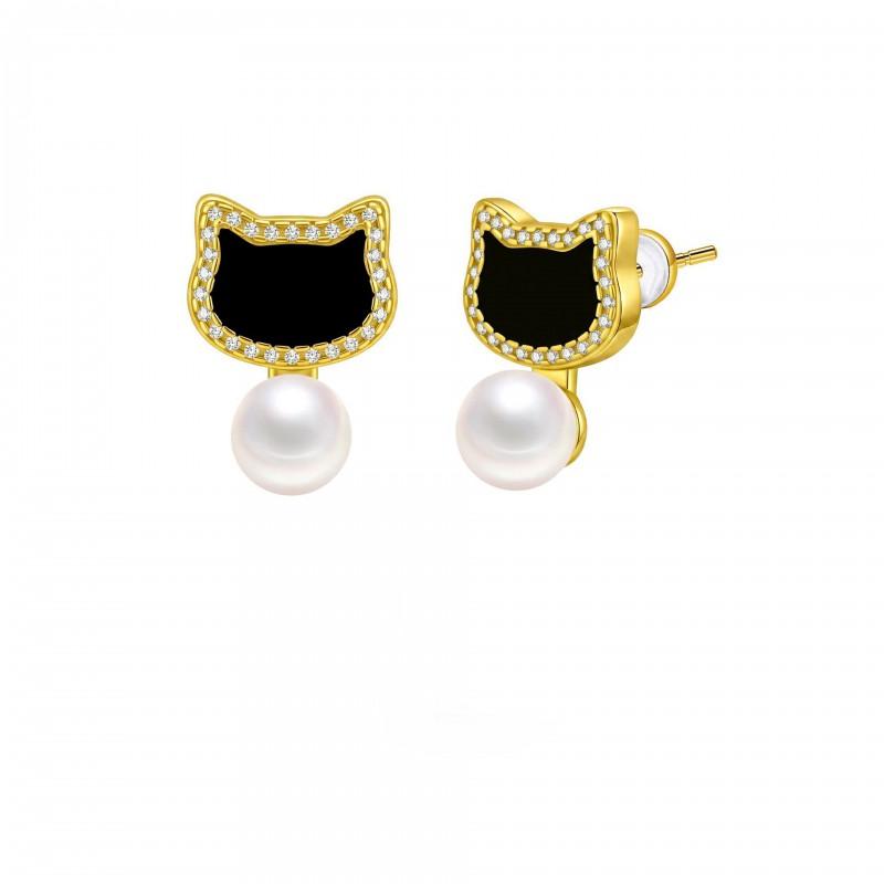 Gold Plated Pearl Drop Earrings With Cat Motif Sterling Post Elegant French Chic Womens Fashion Jewelry Gold Plated ME-100