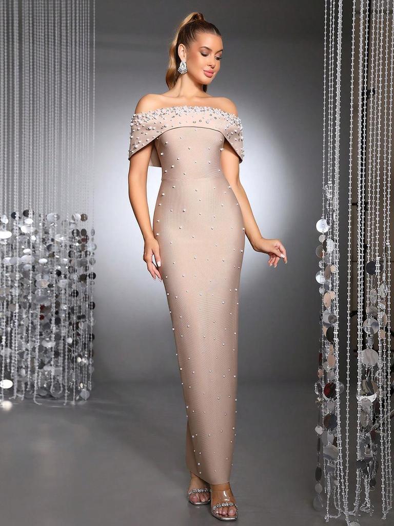 Elegant Pearl Beaded Rhinestone Off-Shoulder Bodycon Bandage Evening Dress