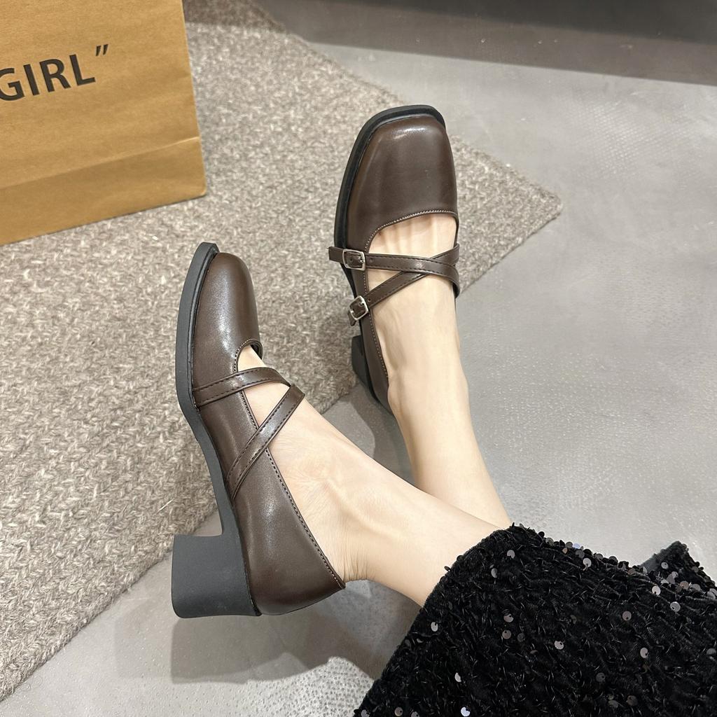 2024 New  Spring Women Shoes  Leather Mary Jane Shoes Square Toe Chunky Heel Women Shoes Retro Buckle Mid-heel Pumps