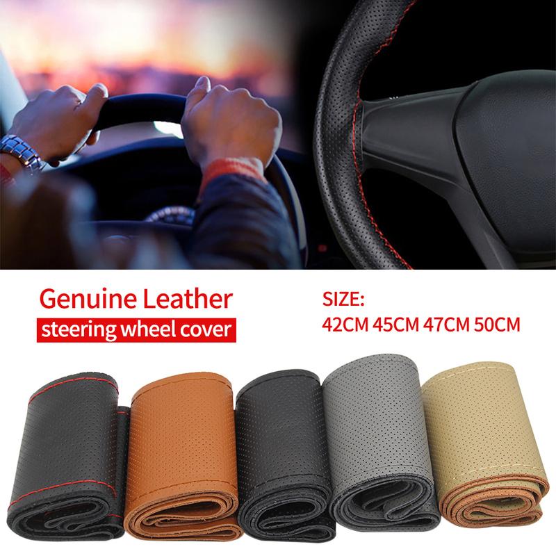 42cm 45cm 47cm 50cm Car Truck Cowhide Steering Wheel Cover Truck Bus DIY Handmade Genuine Leather Steering Wheel Cover