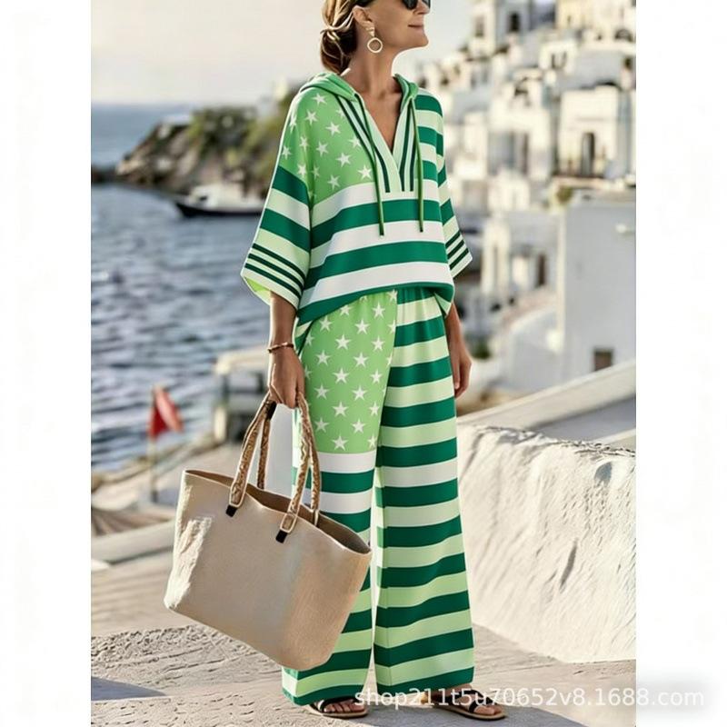 New Spot Women's Star Stripe American Flag Casual Hooded V-Neck Suit Vacation Bohemia