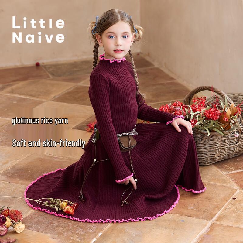 Little Naive Girls  Contrast Trim Half-Turtleneck Knit Long Dress 160
