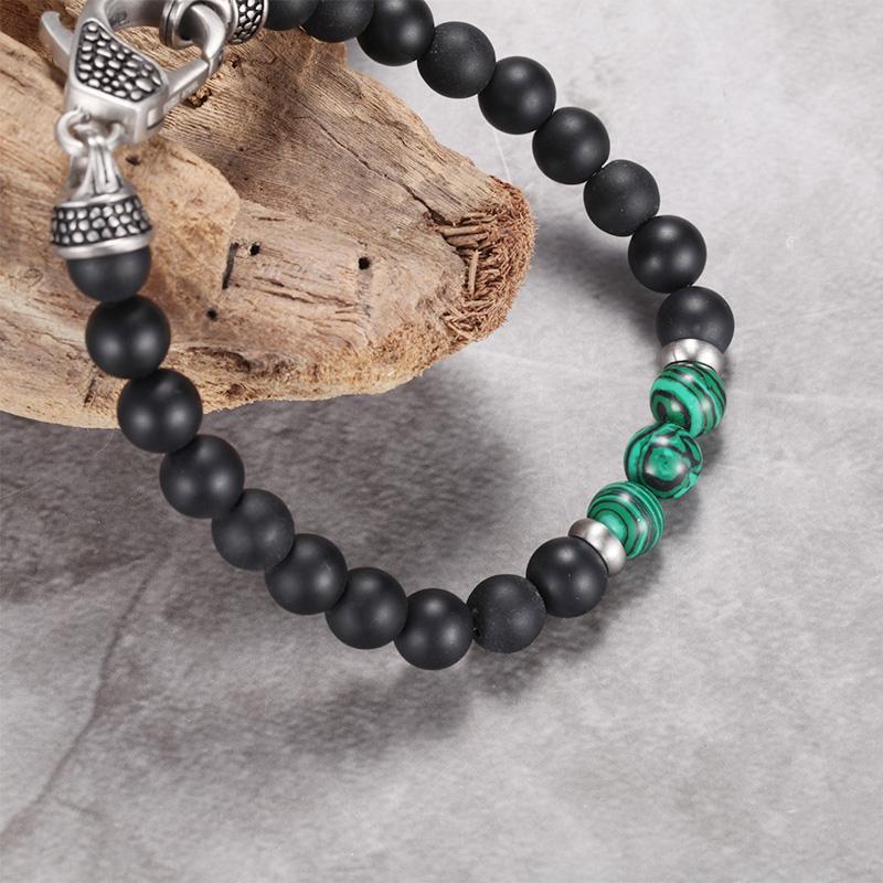 MATT STONE BRACELET  8mm matt onyx stone bead bracelet with reptile design lobster lock, green malachit stones