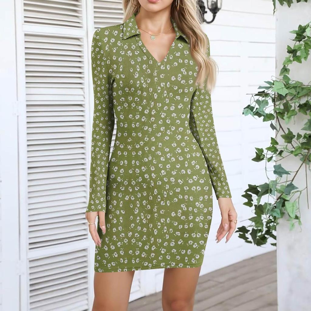 Women's V-neck Casual Print Long-sleeved Fitted Dress