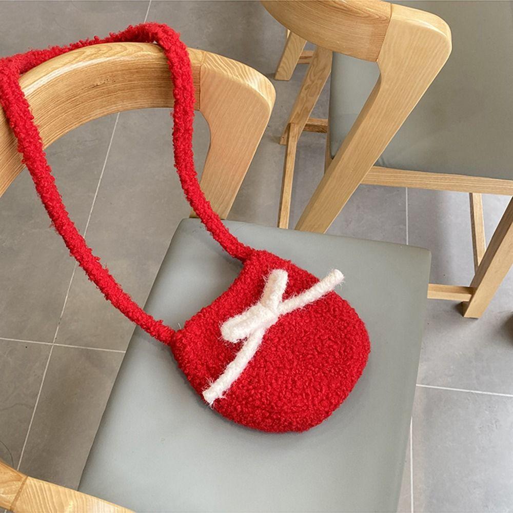 Single Shoulder Plush Bucket Bag Large Capacity New Year Red Tote Simple Red Crossbody Bag Autumn