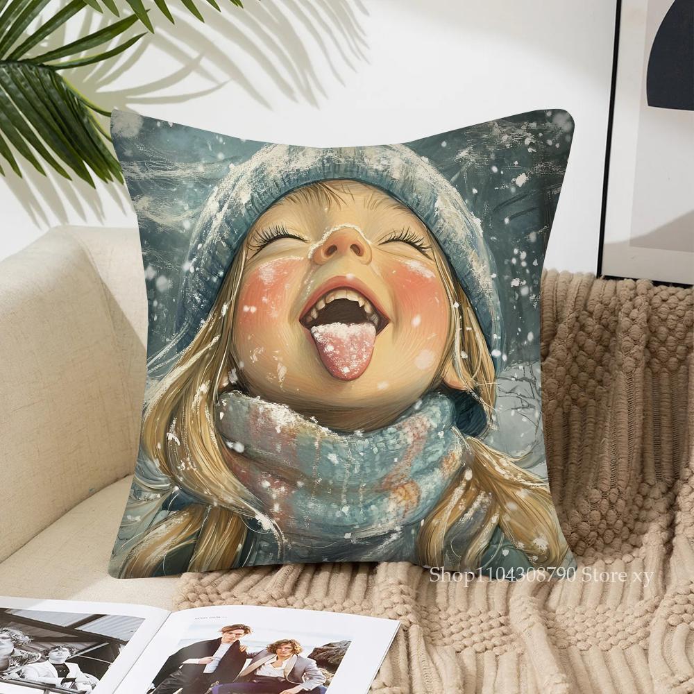 Christmas Snowflake Little Girl Pillow Case Fashion Square Pillowcase Bedroom Sofa Room Ins Decoration Leisure Cushion Cover