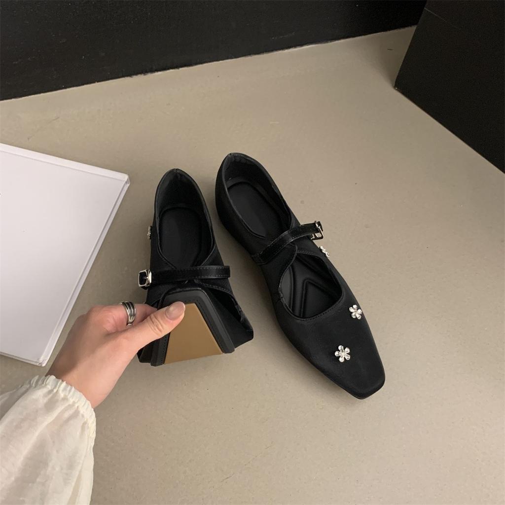 Premium sense rhinestone inner height increase small leather shoes square head buckle single shoes women's spring shallow mouth Mary Jane shoes