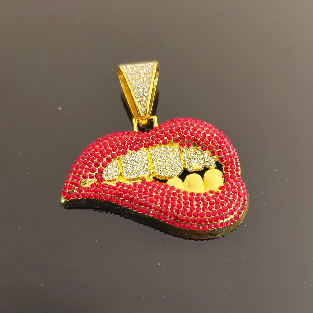 Men's Trendy Cuban Chain: Full Diamond Red Lip Pendant Necklace