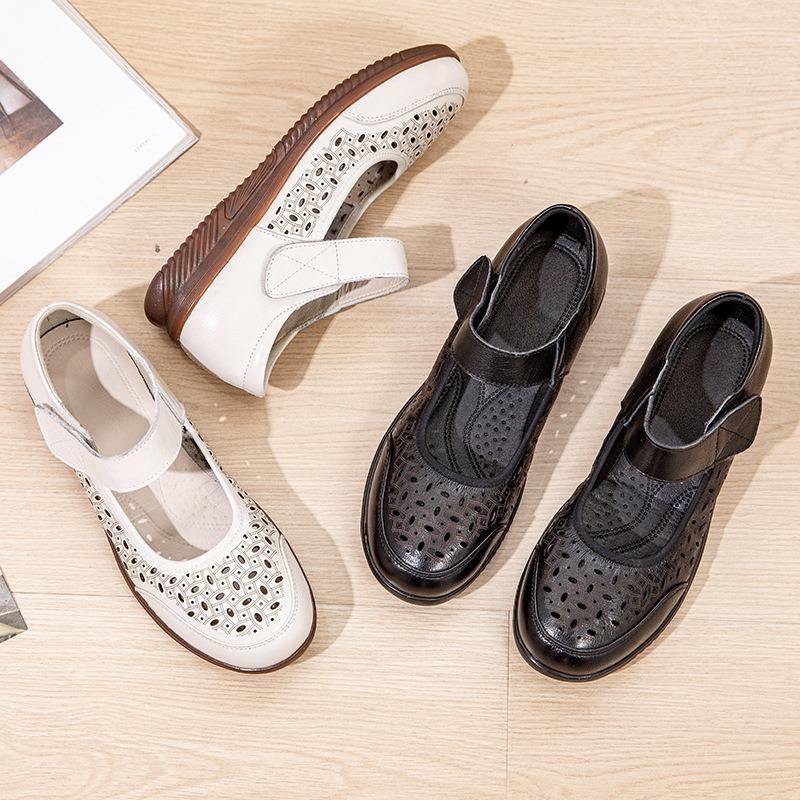 Middle-aged and old leather shoes women's summer breathable bag head hole shoes genuine leather soft sole hollow mother casual sandals women